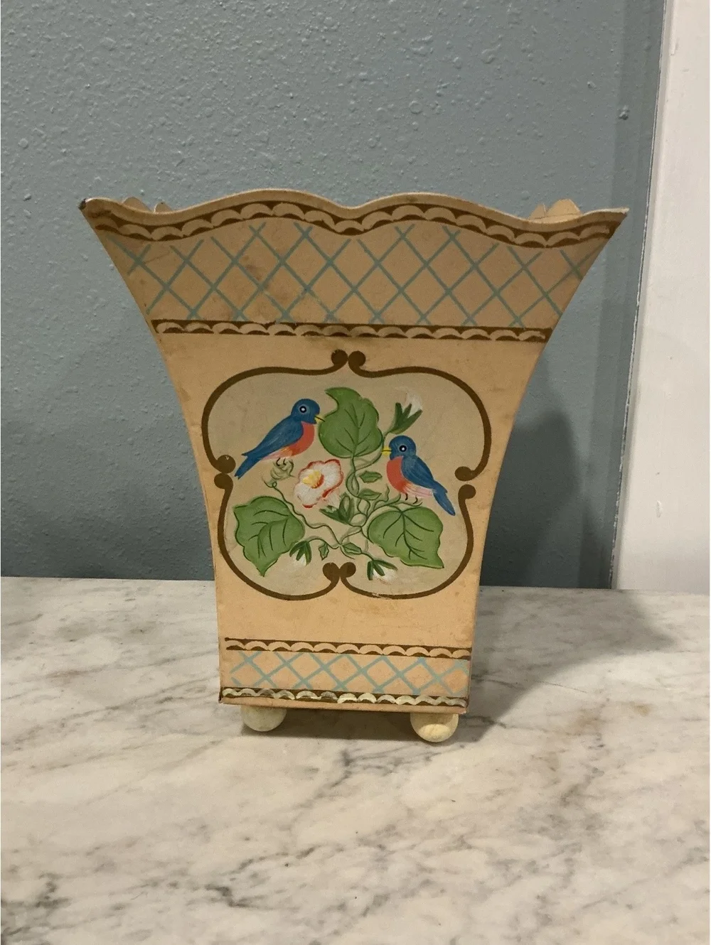 Vintage Tole Metal Planter, Hand Painted Bluebirds, Footed Cream Gold Trim